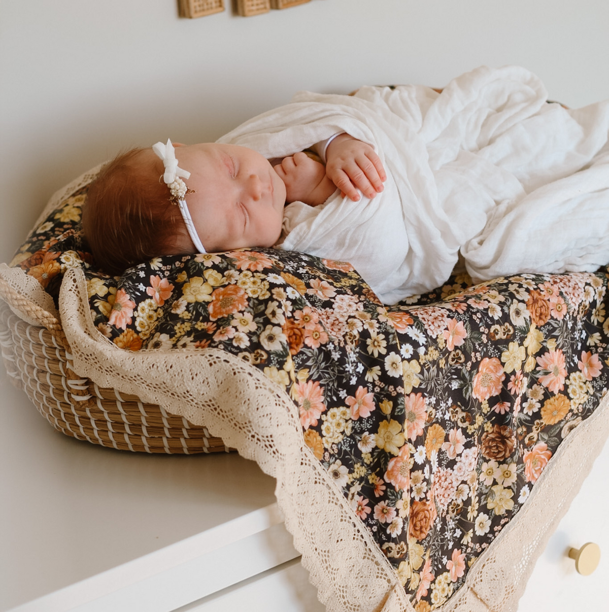 Dark peach and cream and beige floral baby blanket with lace trim handmade in Australia for a special heirloom keepsake baby gift