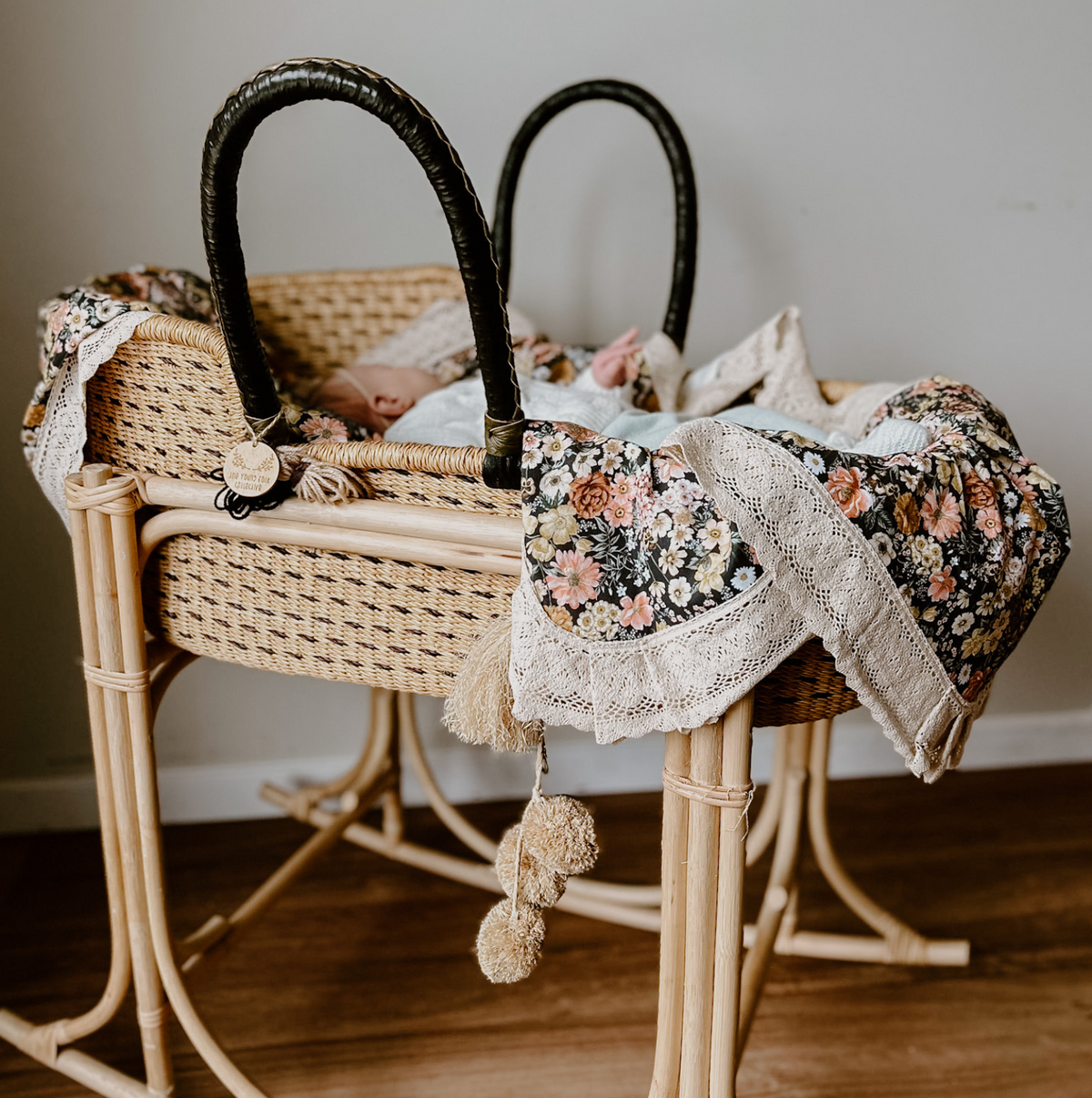 Dark vitage floral and lace baby blanket for nursery room