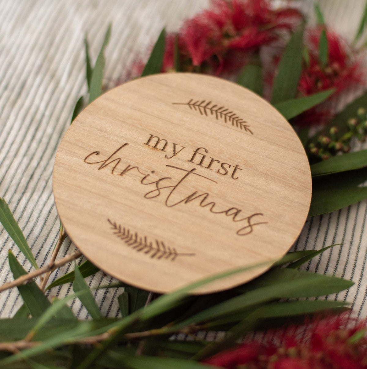 Baby first christmas newbron photography prop on australian red bottlebrush