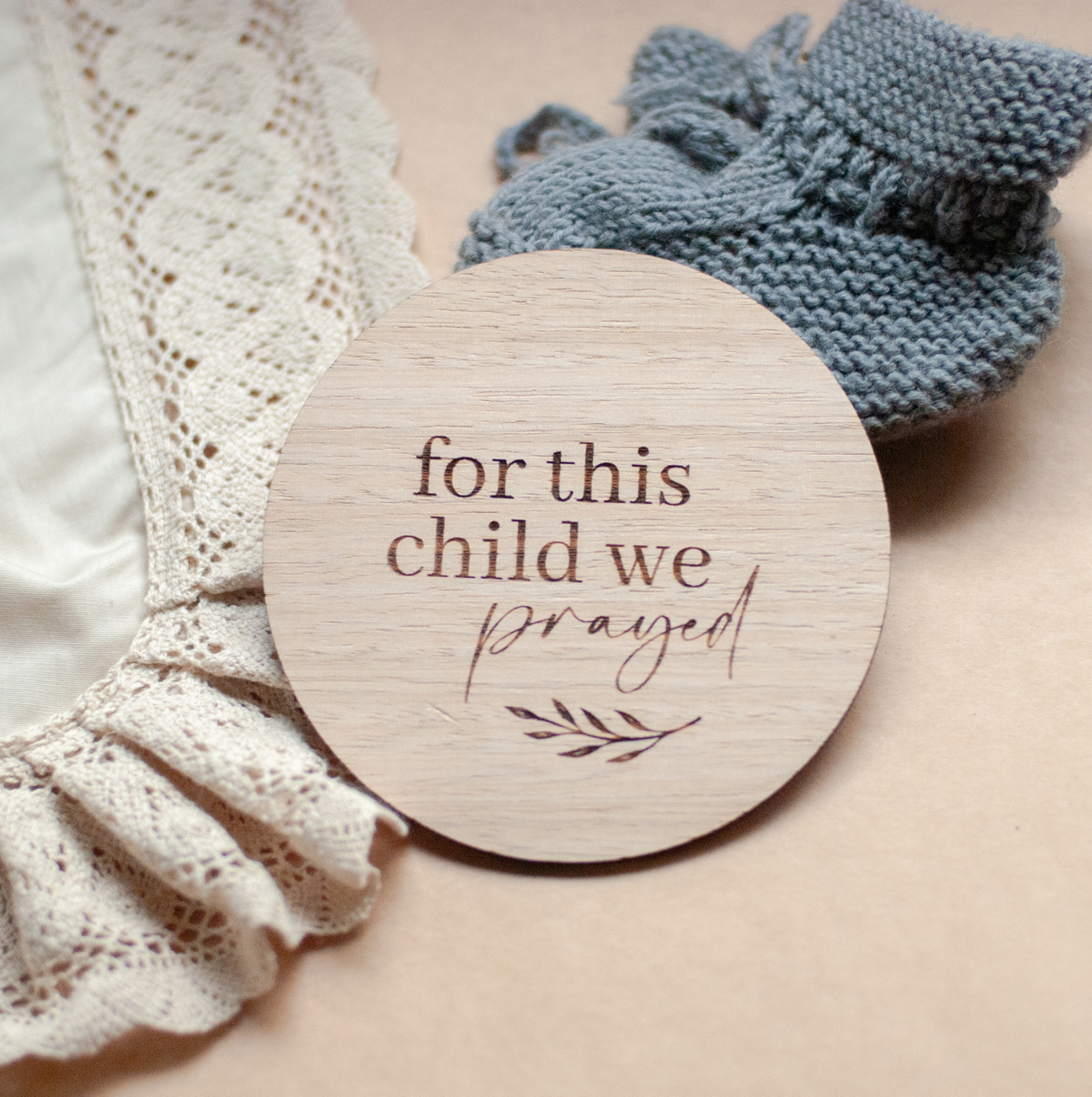 A bible or Christian timber announcement disc for pregnancy photos 